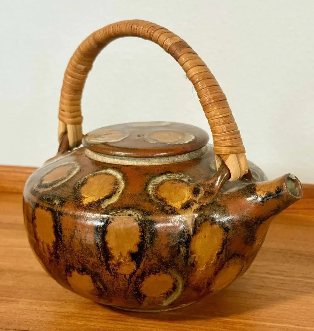 Vintage Hand-Painted Studio Pottery Teapot with Woven Rattan Handle